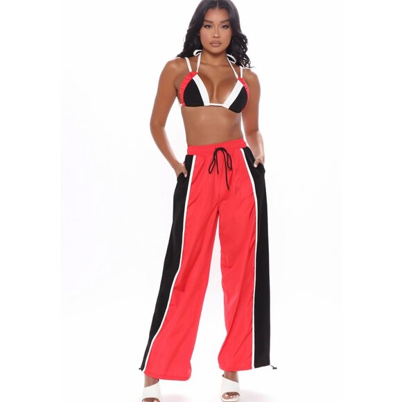 Fashion Nova On My Level Red & Black Windbreaker Jogger Set Triangle Top Pants S - Picture 3 of 4
